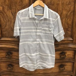 Grey and white striped button up polo